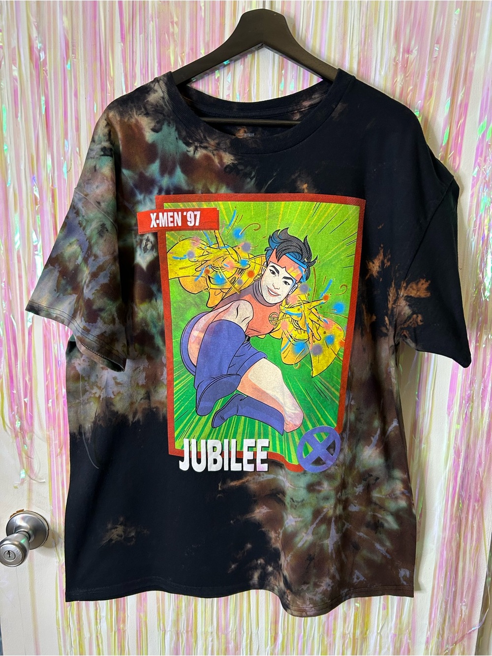 X-Men '97 Jubilee Graphic Tee Size Large/XL Handmade Tie-Dye Black Spirals